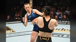 Rose Namajunas in her strawweight title fight with Zhang Weili