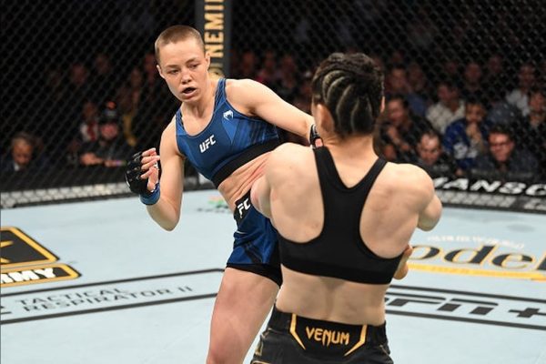 Rose Namajunas in her strawweight title fight with Zhang Weili